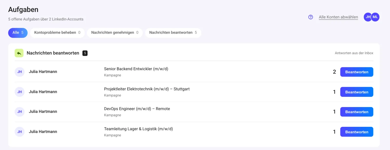 Aufgabenliste mit offenen Antworten je Kampagne